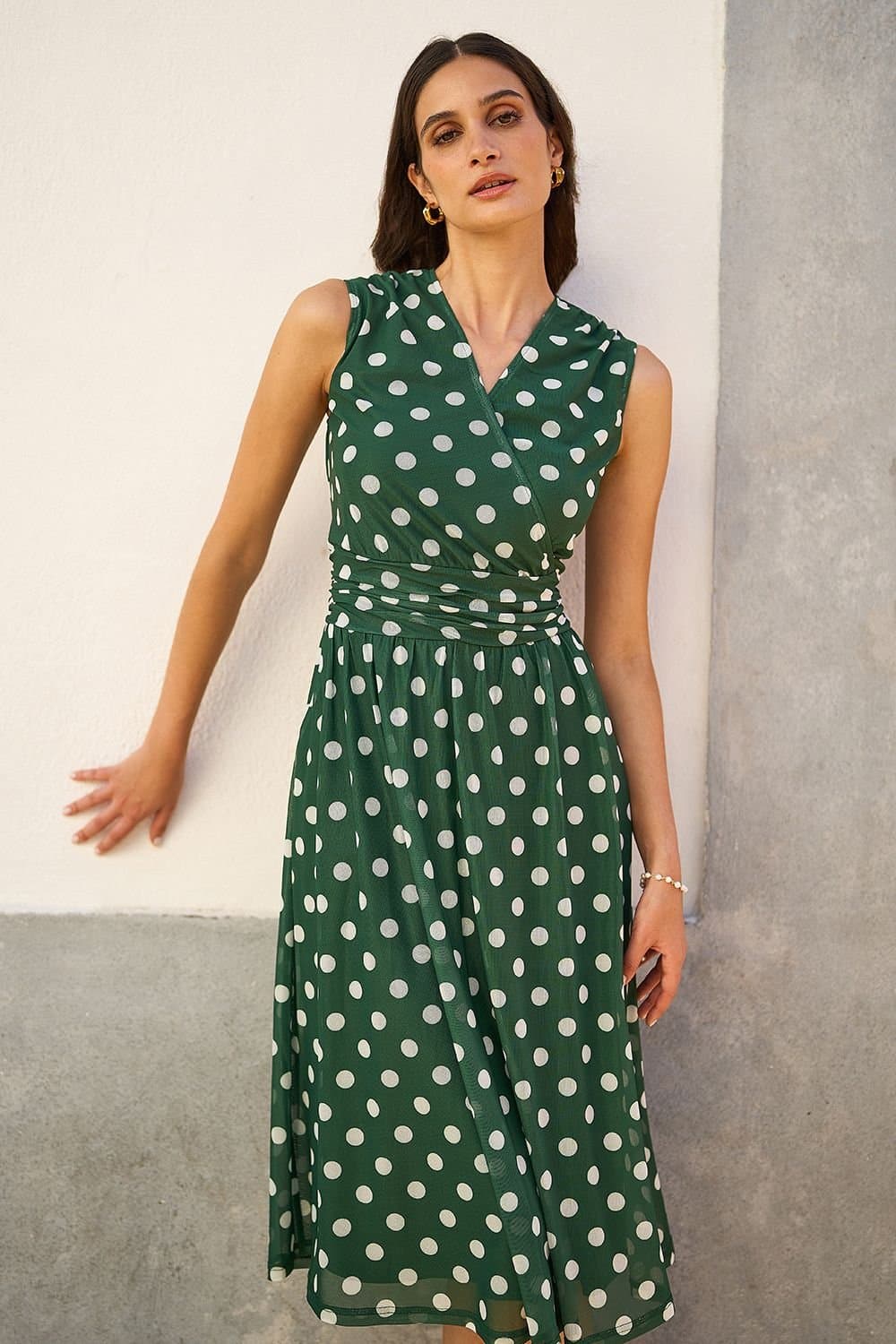 Yumi Yumi Women's Green Polka Dot Mesh Wrap Skater Dress With Pockets