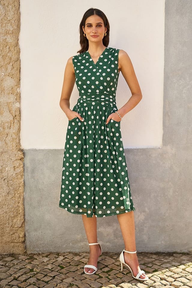 Yumi Yumi Women's Green Polka Dot Mesh Wrap Skater Dress With Pockets - 2