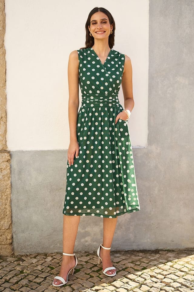 Yumi Yumi Women's Green Polka Dot Mesh Wrap Skater Dress With Pockets - 3