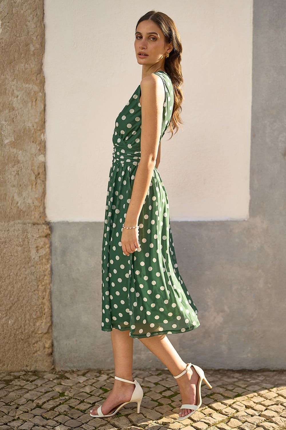 Yumi Yumi Women's Green Polka Dot Mesh Wrap Skater Dress With Pockets - 4