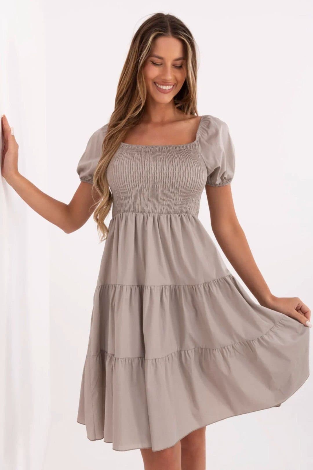 Love Lace Love Lace Women's Cotton Summer Flared Day Dress with Ruffles in Beige