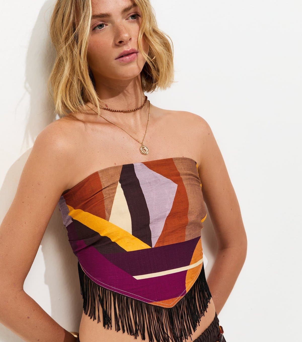 New Look Women's Multicoloured Geometric Fringed Bandeau Hanky Top New Look