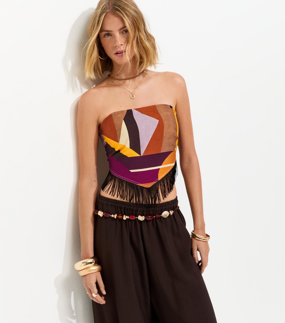 New Look Women's Multicoloured Geometric Fringed Bandeau Hanky Top New Look - 2