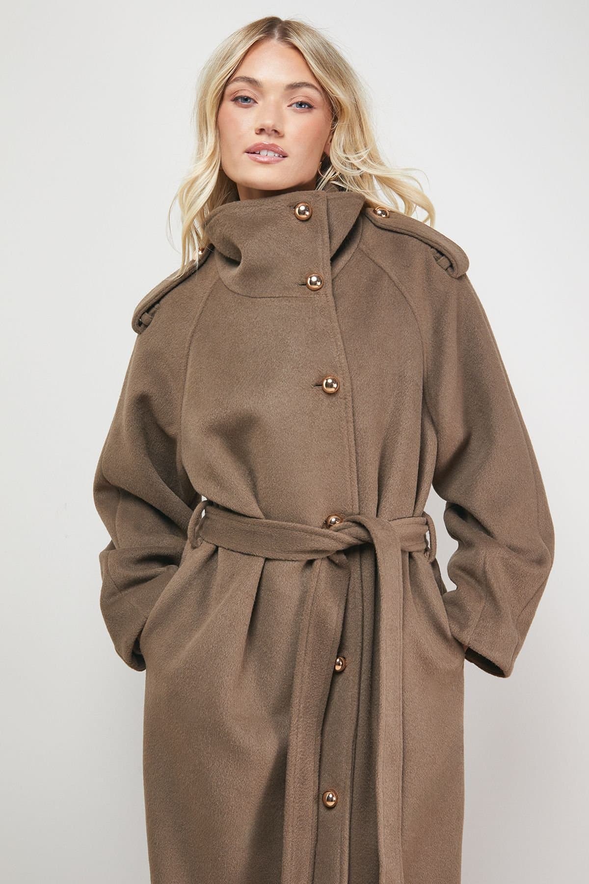 Oasis Oasis Women's Funnel Sleeve Detail Belted Coat in Mocha
