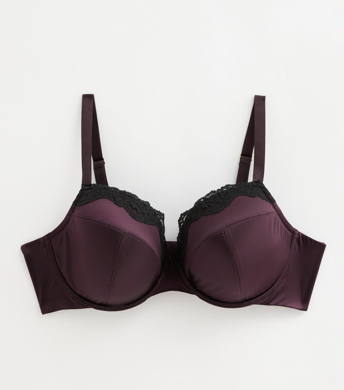 New Look Women's Plus Size Dark Purple Satin and Lace Plunge Bra Curves New Look