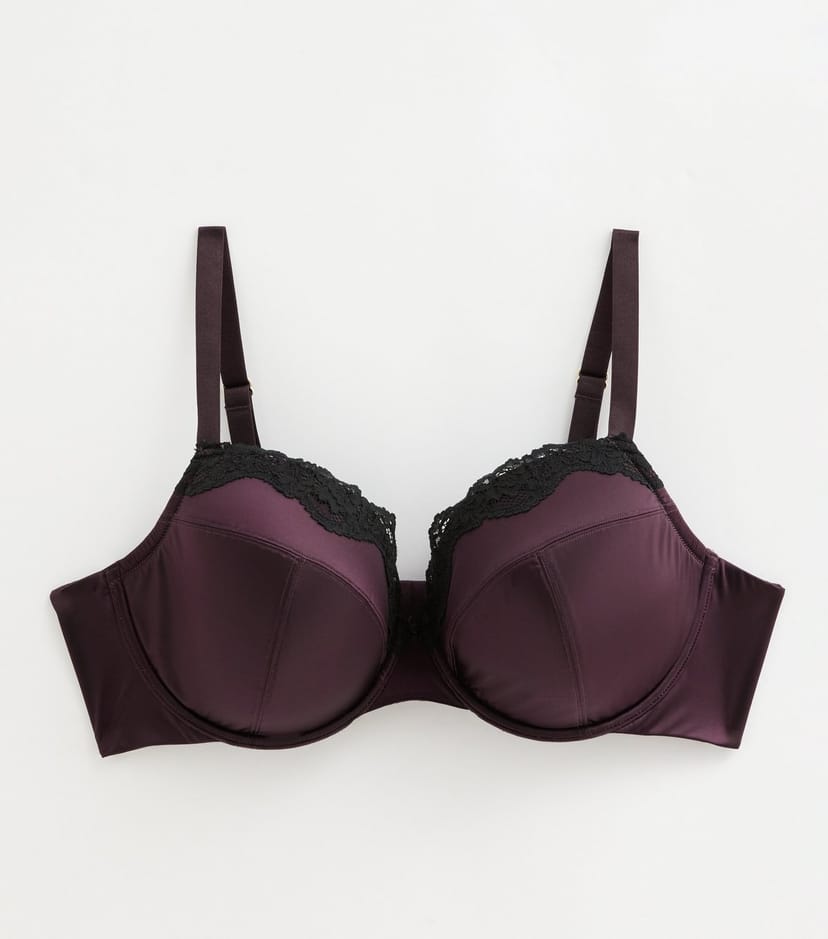 New Look Women's Plus Size Dark Purple Satin and Lace Plunge Bra Curves New Look - 1