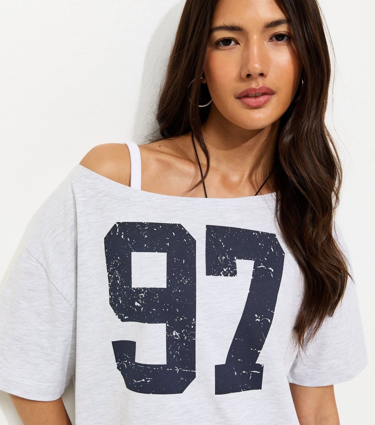 New Look Women's Grey Marl Distressed 97 Print Off The Shoulder T-Shirt New Look
