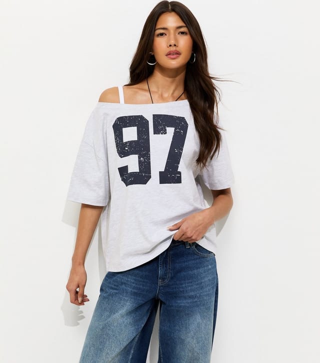 New Look Women's Grey Marl Distressed 97 Print Off The Shoulder T-Shirt New Look - 2