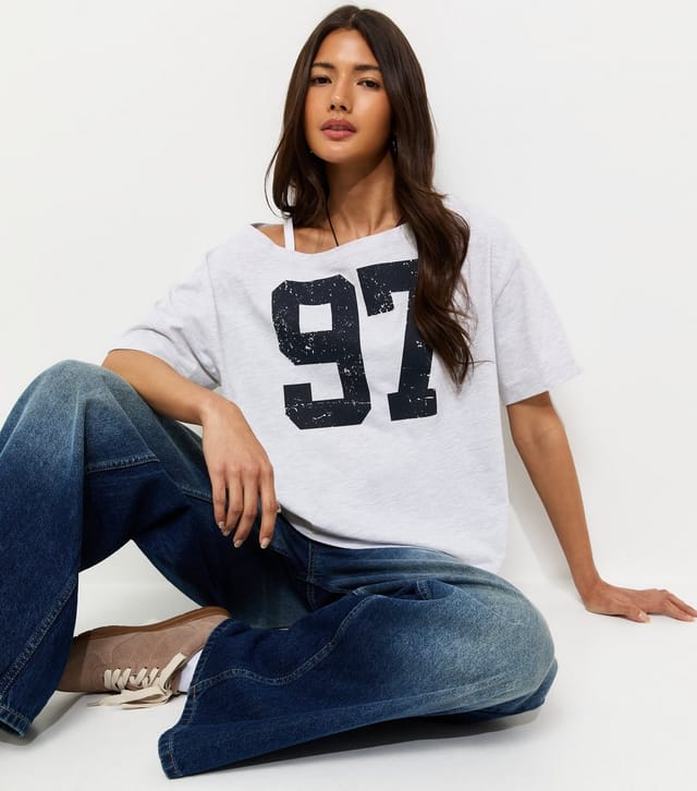 New Look Women's Grey Marl Distressed 97 Print Off The Shoulder T-Shirt New Look - 3