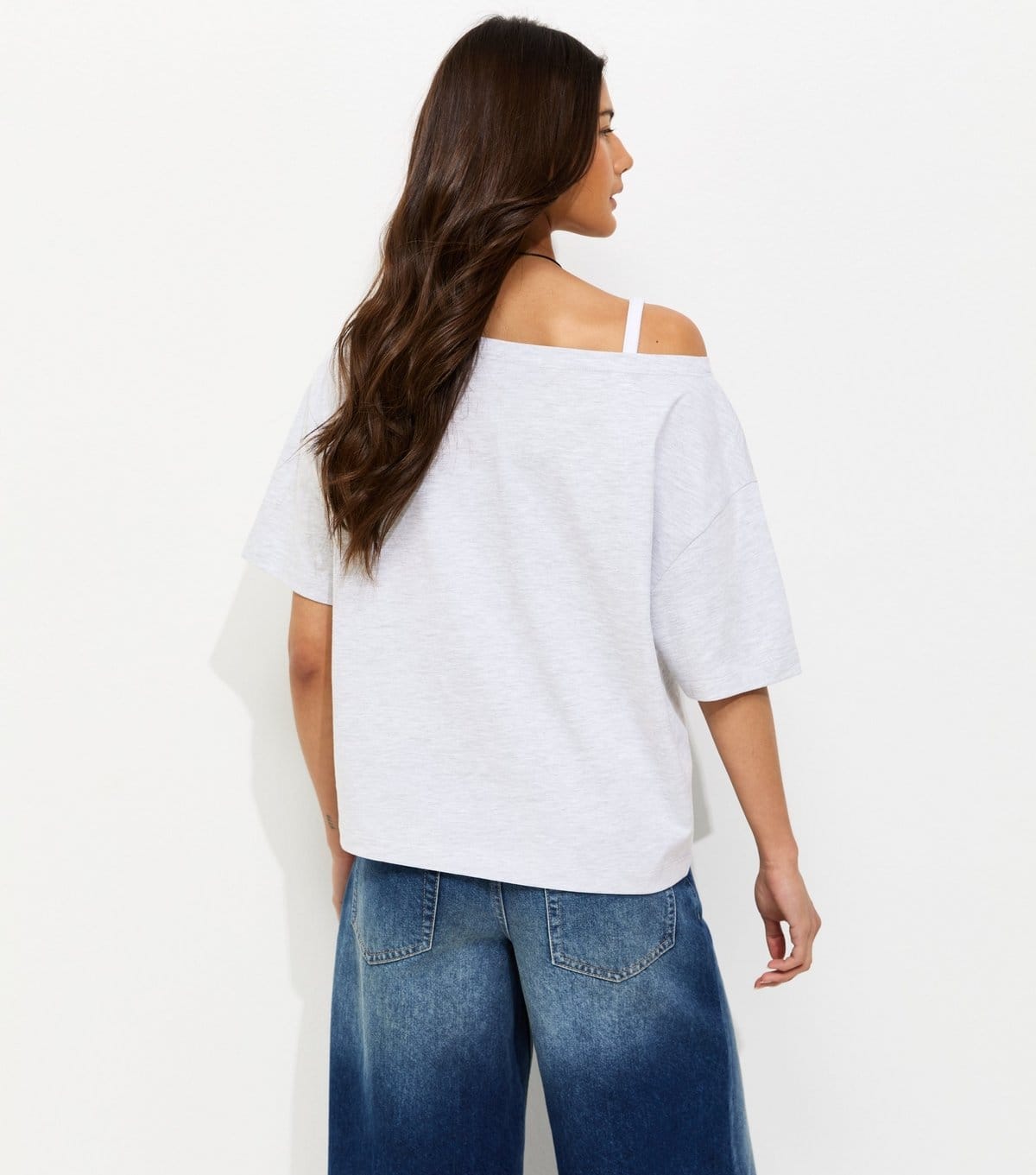 New Look Women's Grey Marl Distressed 97 Print Off The Shoulder T-Shirt New Look - 4
