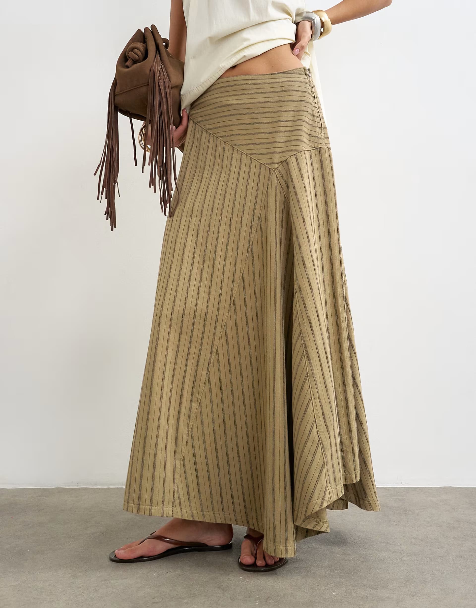 ASOS Topshop denim asymmetric drop waist maxi skirt in khaki stripe