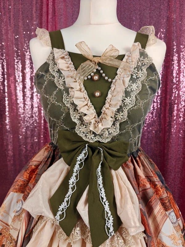 Lolita ドゥドゥ Green & cream lace Versailles print Marie Antoinette classic Lolita JSK midi dress size S
