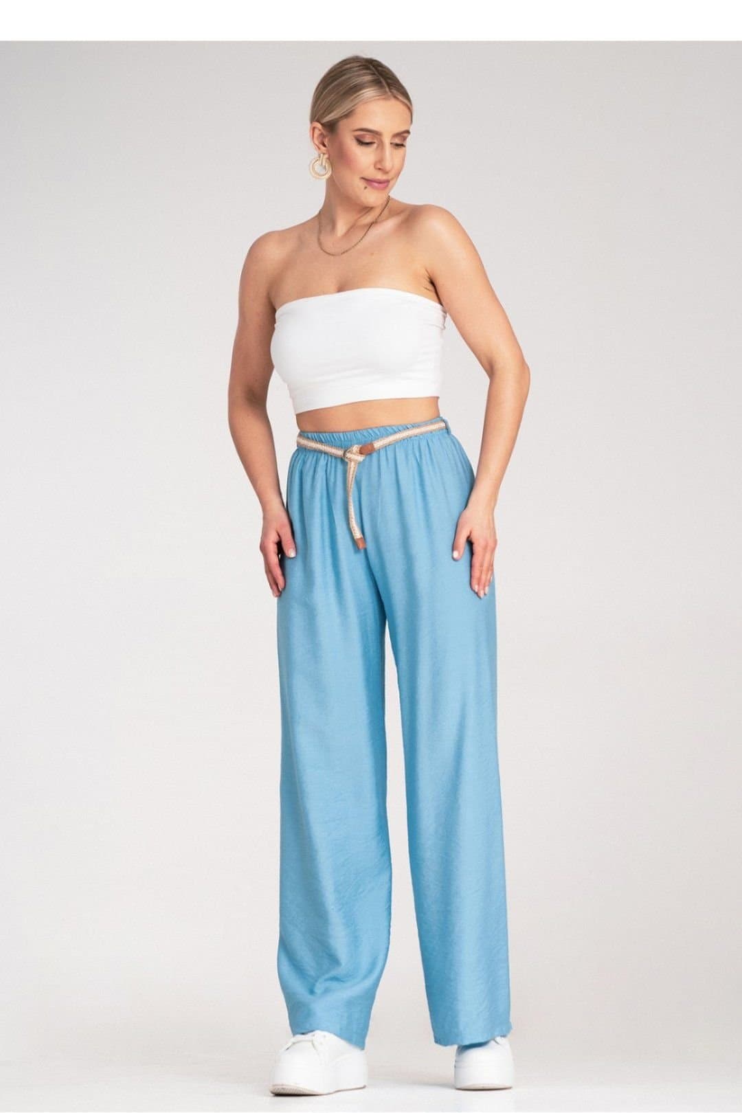 Love Lace Love Lace Women's Boho Elastic Waist Trousers with Woven Belt in Blue
