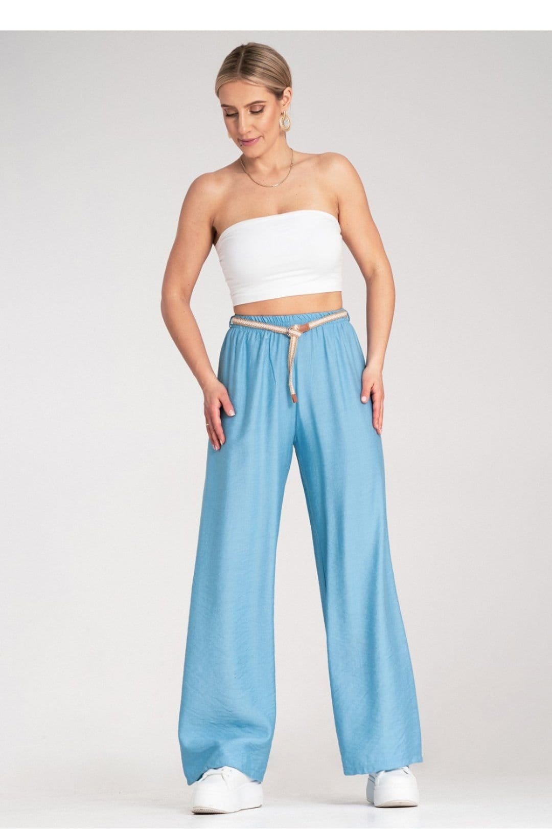 Love Lace Love Lace Women's Boho Elastic Waist Trousers with Woven Belt in Blue - 4