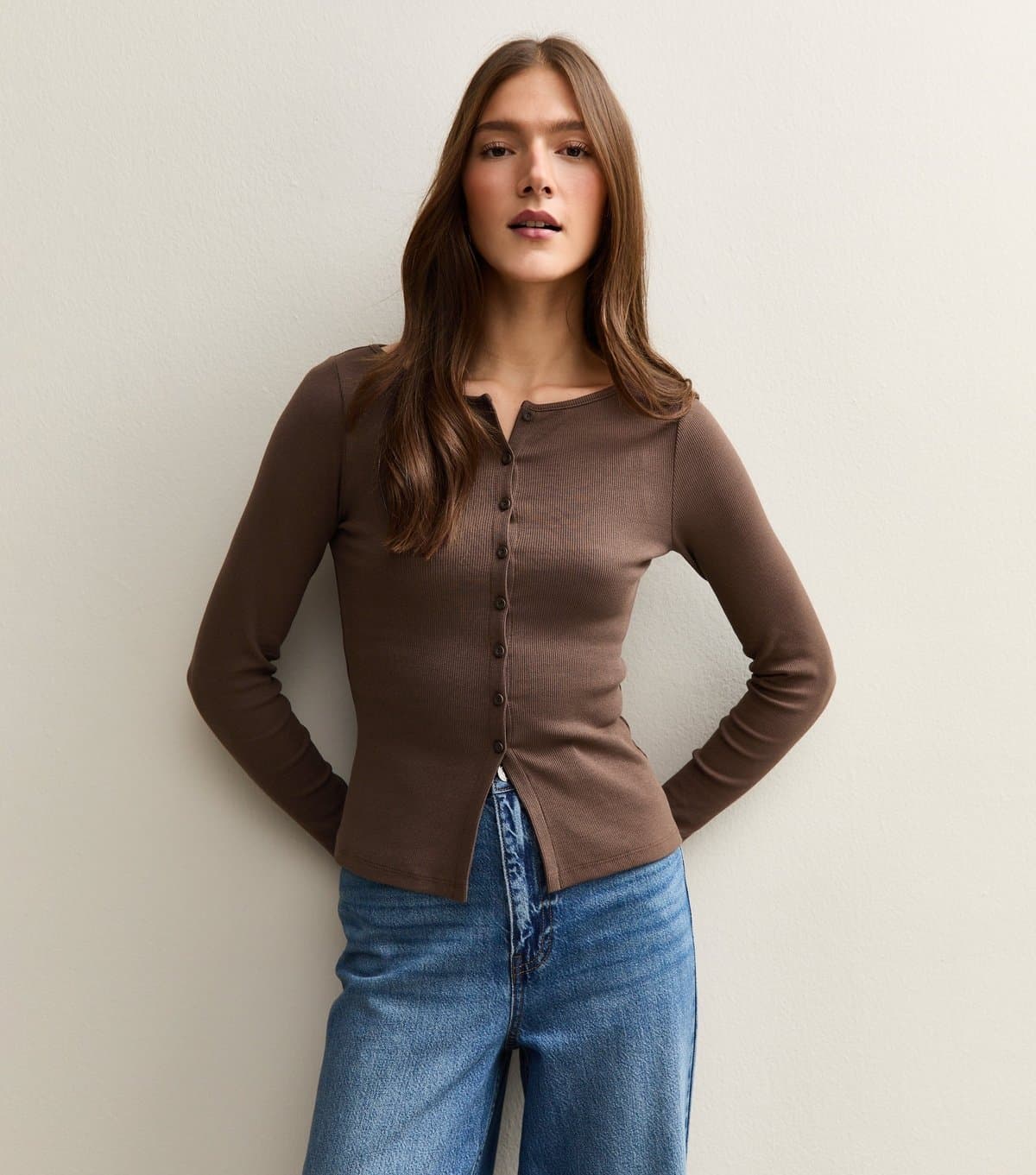 New Look Women's Dark Brown Rib Button Up Long Sleeve Top New Look