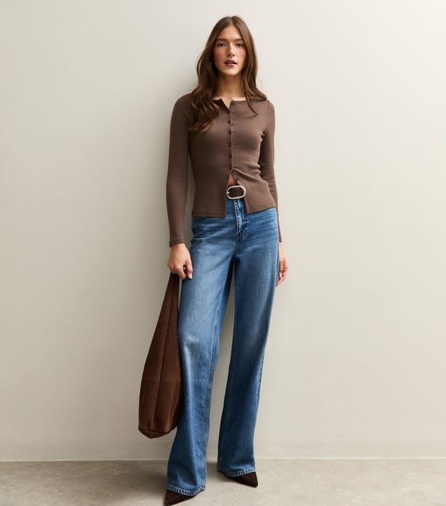 New Look Women's Dark Brown Rib Button Up Long Sleeve Top New Look - 3