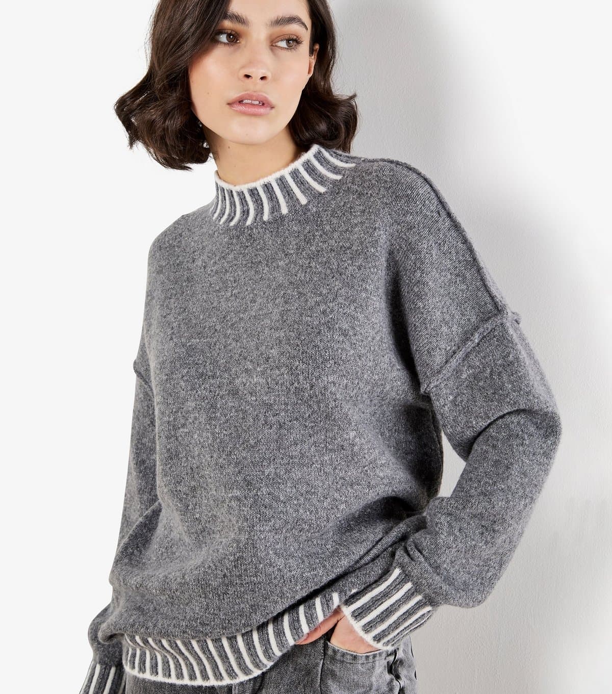 Apricot Women's Dark Grey Contrast Rib Jumper Apricot New Look