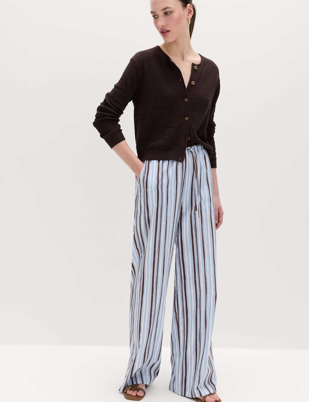 Marks & Spencer M&S Elegant Striped Wide Leg Trousers in Blue Mix