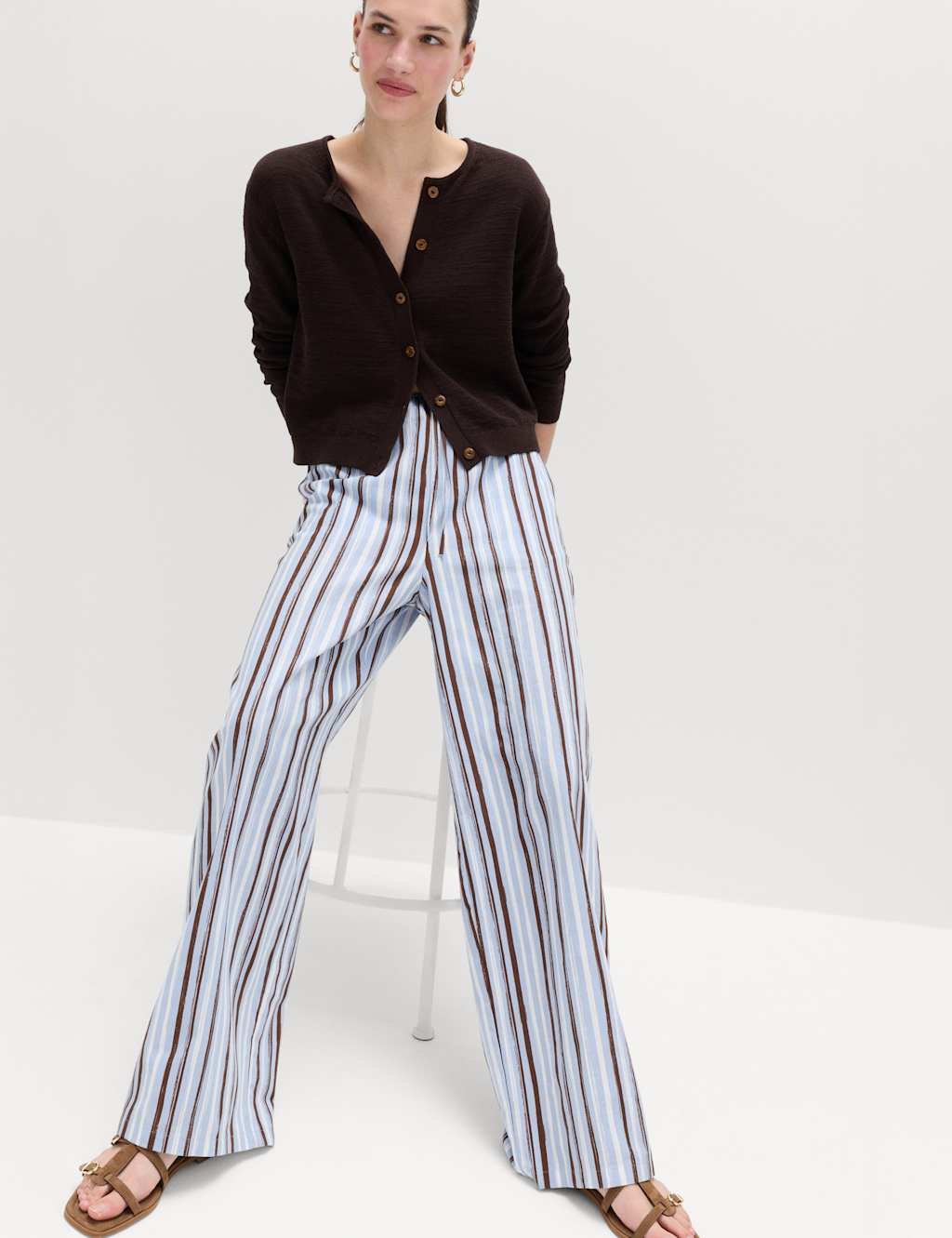 Marks & Spencer M&S Pure Cotton Striped Wide Leg Trousers Blue Mix - 4