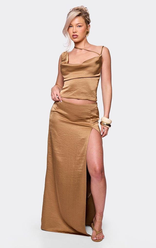 EGO Side Split Maxi Skirt In Dark Gold Textured Satin, Women's Size UK 6 - 2