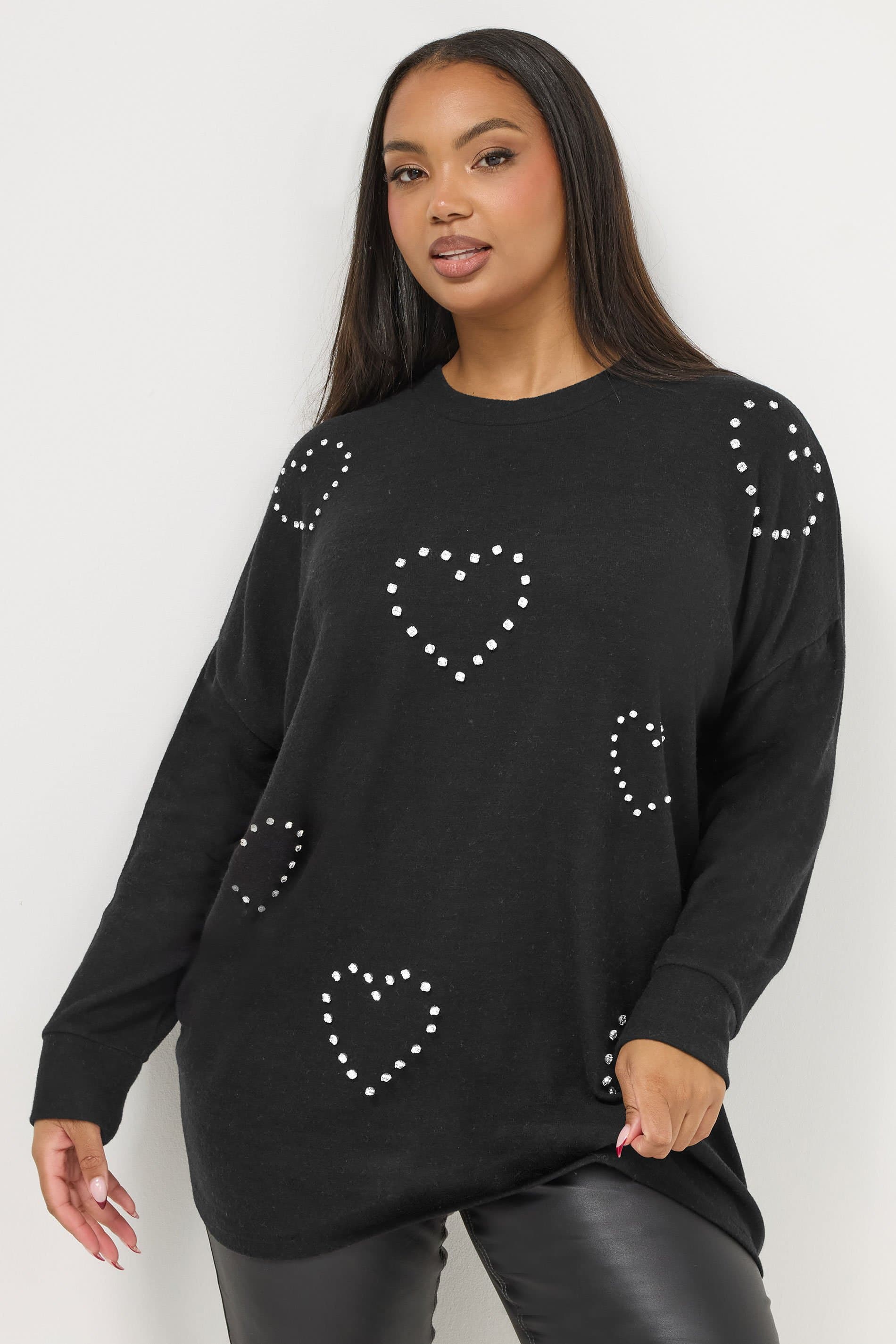 Yours Plus Size Black Diamante Heart Jumper