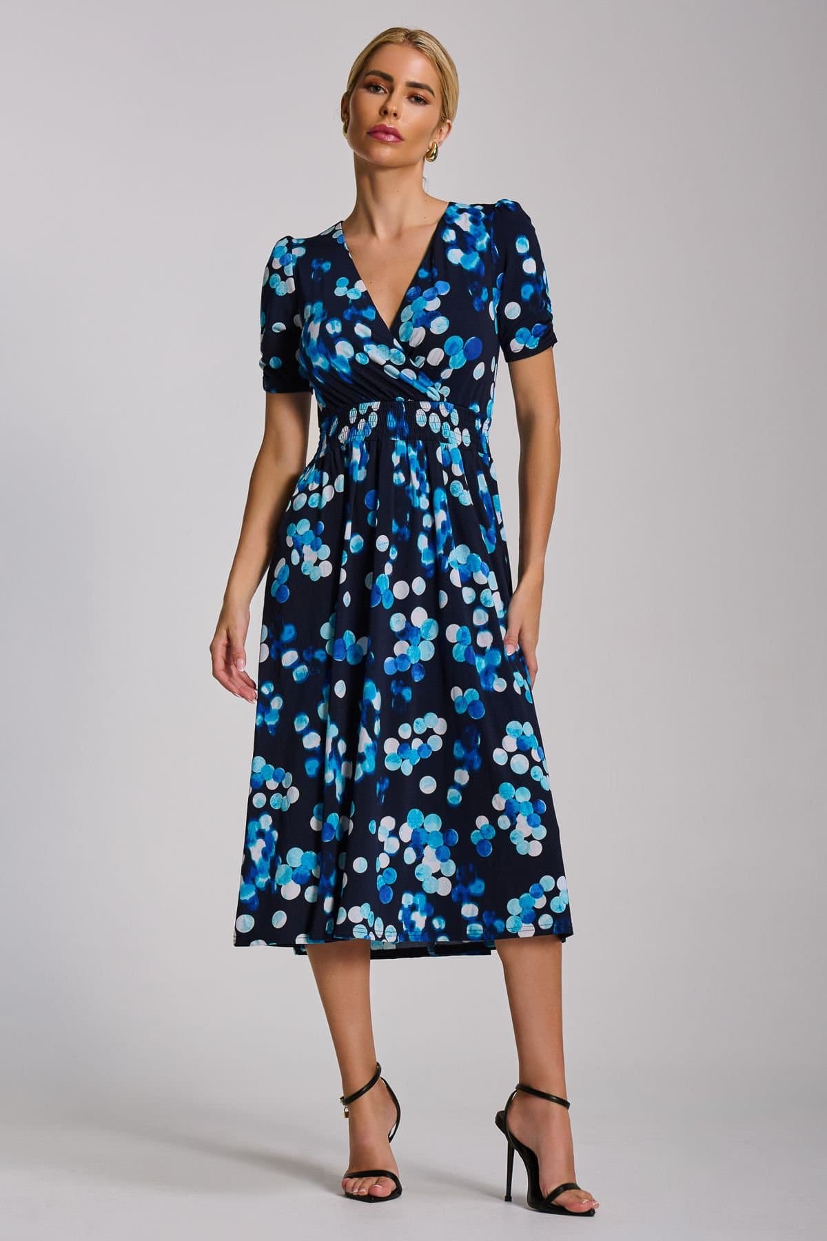 Jolie Moi Jolie Moi Women's Short Sleeve Printed Jersey Midi Dress in Dark Blue