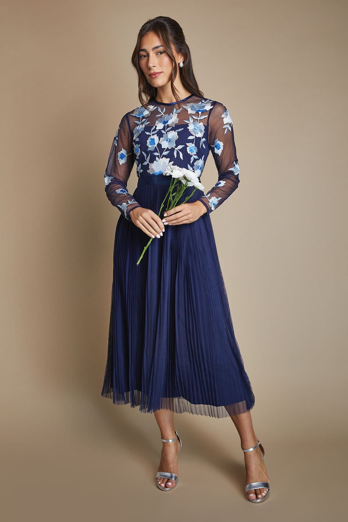 Coast Coast Women's Embroidered Pleat Maxi Bridesmaid Dress in Navy
