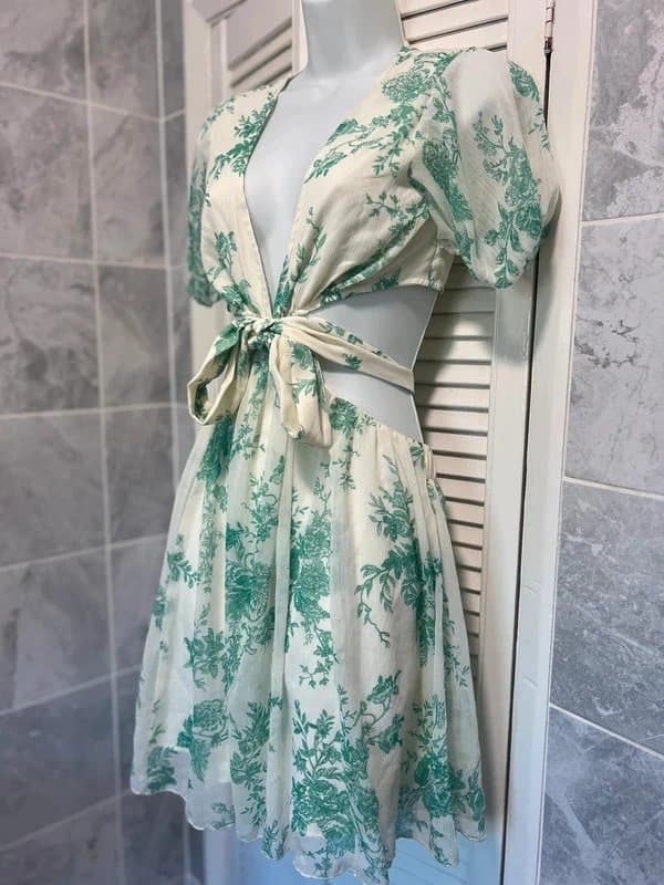 ASOS ASOS Soft Tiered Green Floral Backless Cut-Out Mini Dress With Open Waist- UK 8