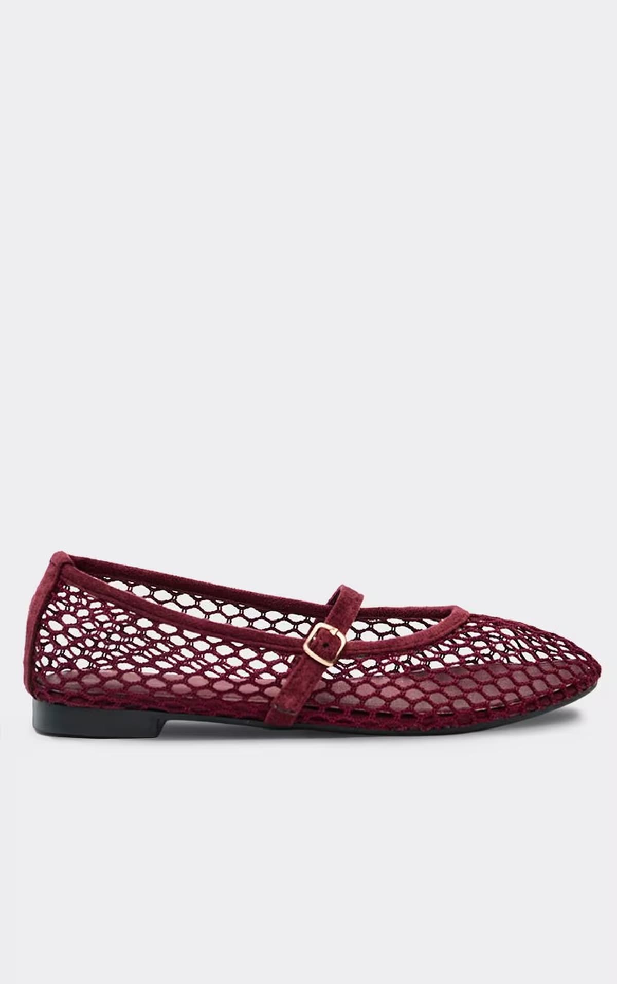 EGO Tullie Buckle Detail Flat Ballet Pump In Burgundy Faux Suede, Women's Size UK 3