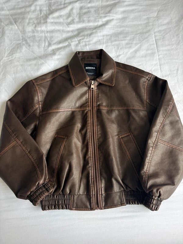 Bershka Bershka Faux Leather Cuffed Bomber Biker Jacket Coat Pocket Zip
