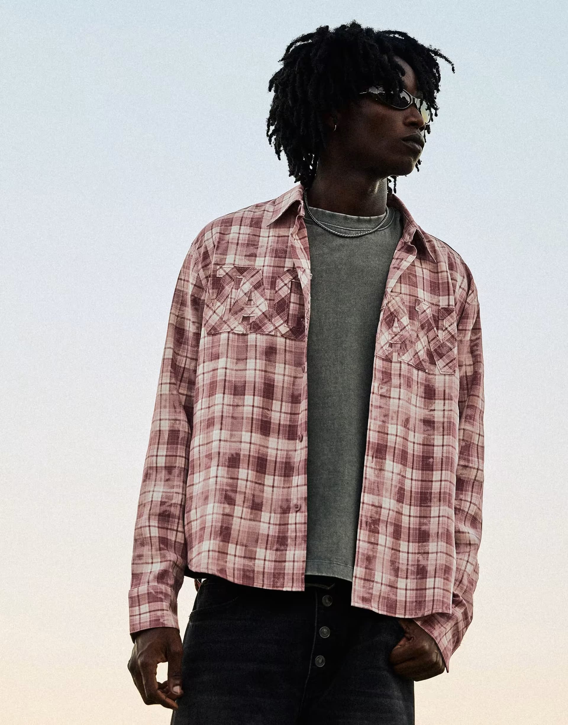 ASOS Bershka Long sleeve patch check shirt in burgundy