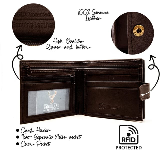 Woodland Leathers Woodland Leathers Men's Men's RFID Leather Wallet with Zip Coin Pocket in Brown - 3