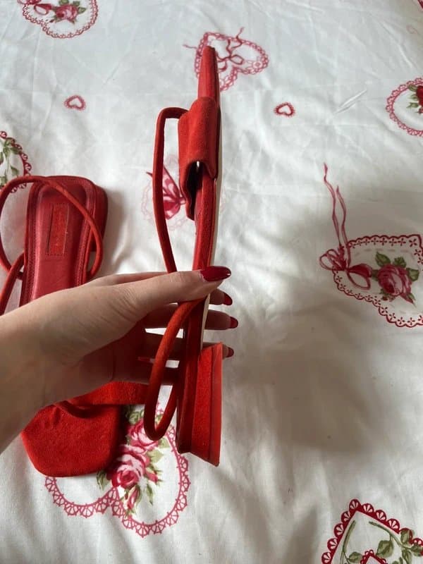 Topshop Bright red faux suede square open top strappy ankle strap heeled toe post thong sandal flats