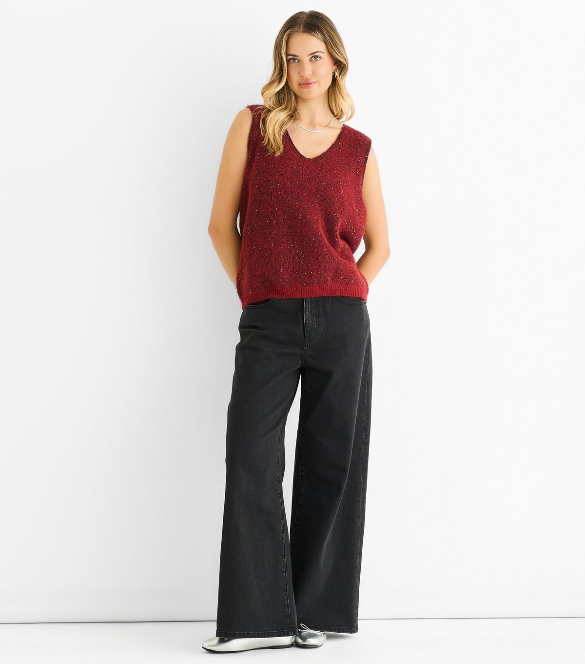 Gini London Women's Red Sparkle Knit Vest Gini London New Look - 2