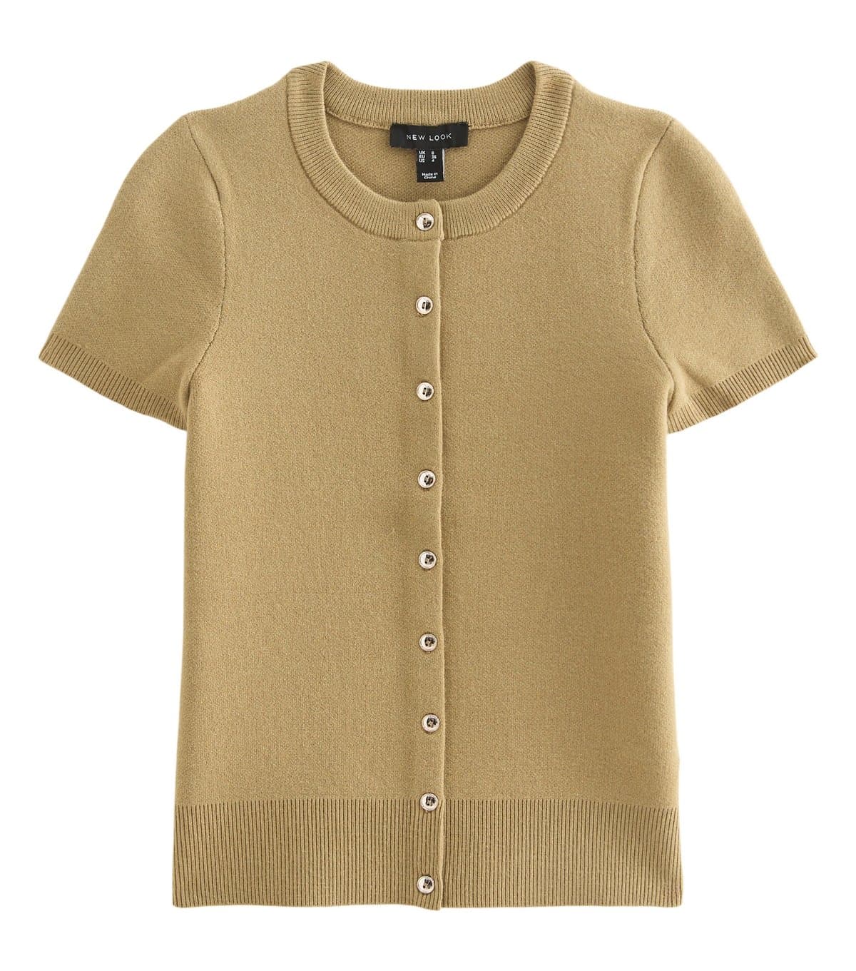 New Look Women's Green Compact Knit Cap Sleeve Buttoned Top New Look
