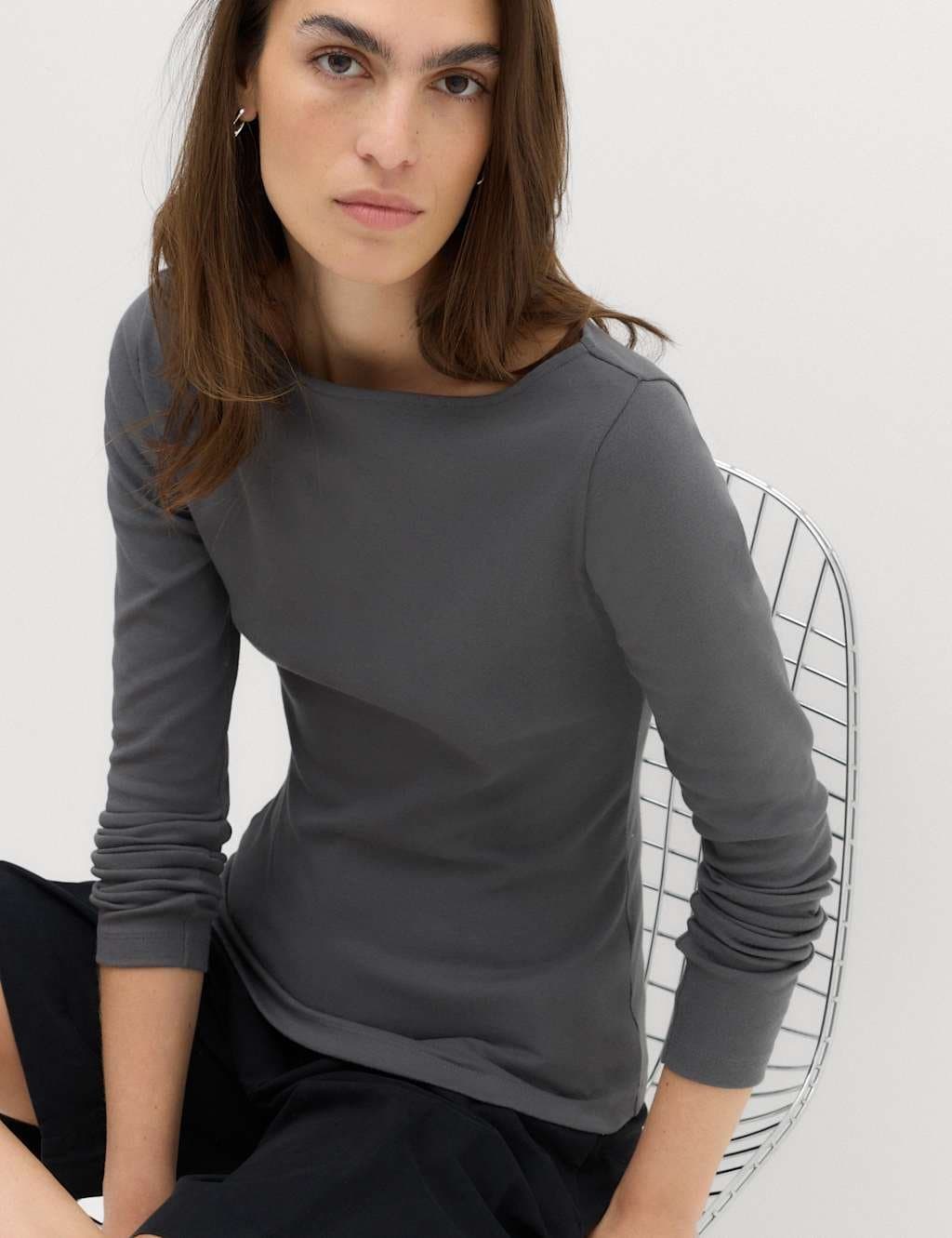 Marks & Spencer M&S Cotton Rich Premium Slash Neck Top Dark Grey