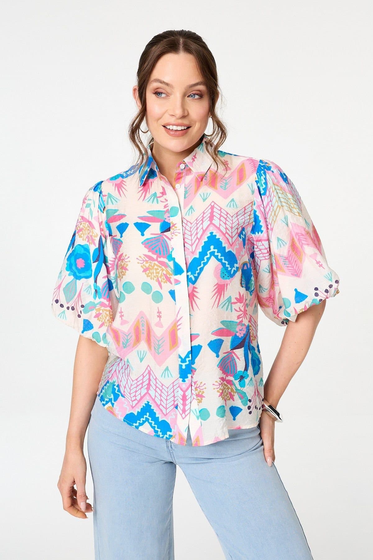 Izabel London Izabel London Women's Abstract 1/2 Puff Sleeve Buttoned Shirt in Blue