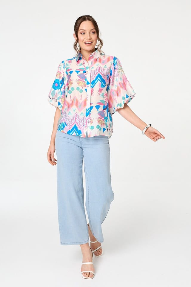 Izabel London Izabel London Women's Abstract 1/2 Puff Sleeve Buttoned Shirt in Blue - 2