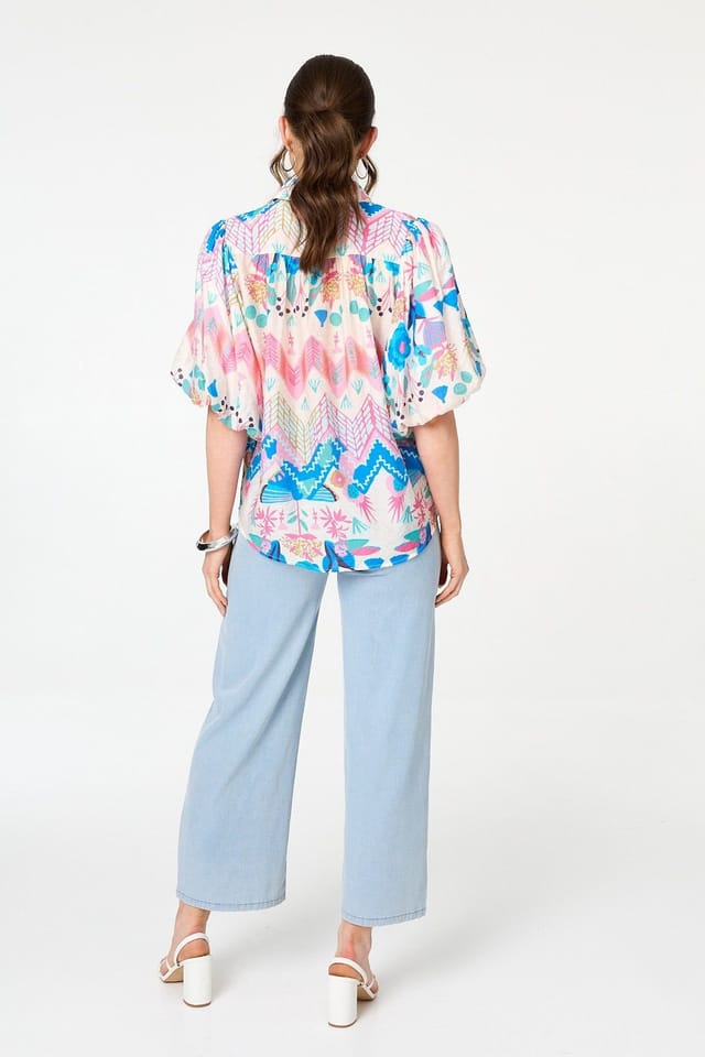 Izabel London Izabel London Women's Abstract 1/2 Puff Sleeve Buttoned Shirt in Blue - 3