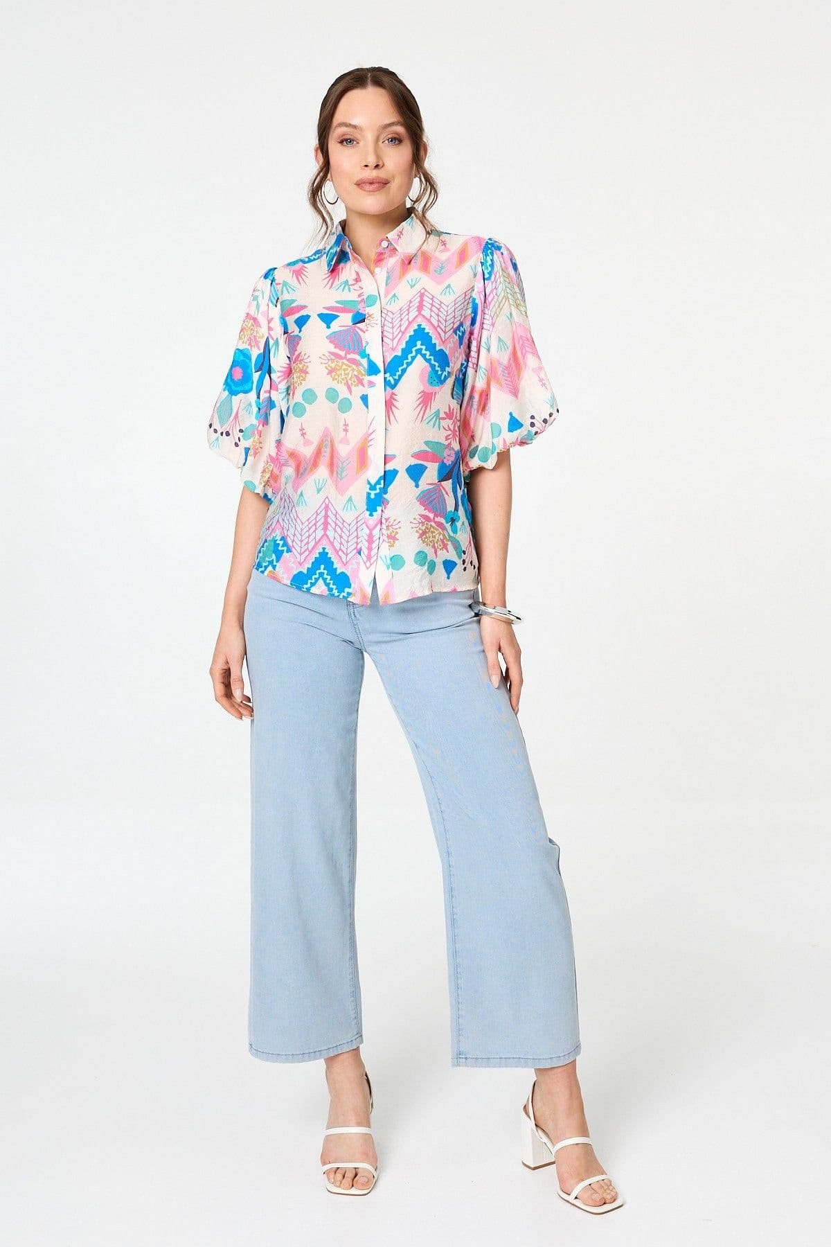 Izabel London Izabel London Women's Abstract 1/2 Puff Sleeve Buttoned Shirt in Blue - 4