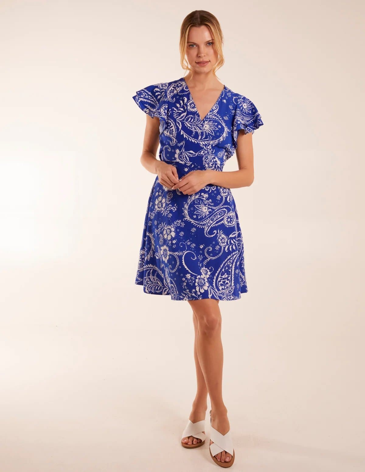 Blue Vanilla Frill Sleeve Wrap Belted Mini Dress