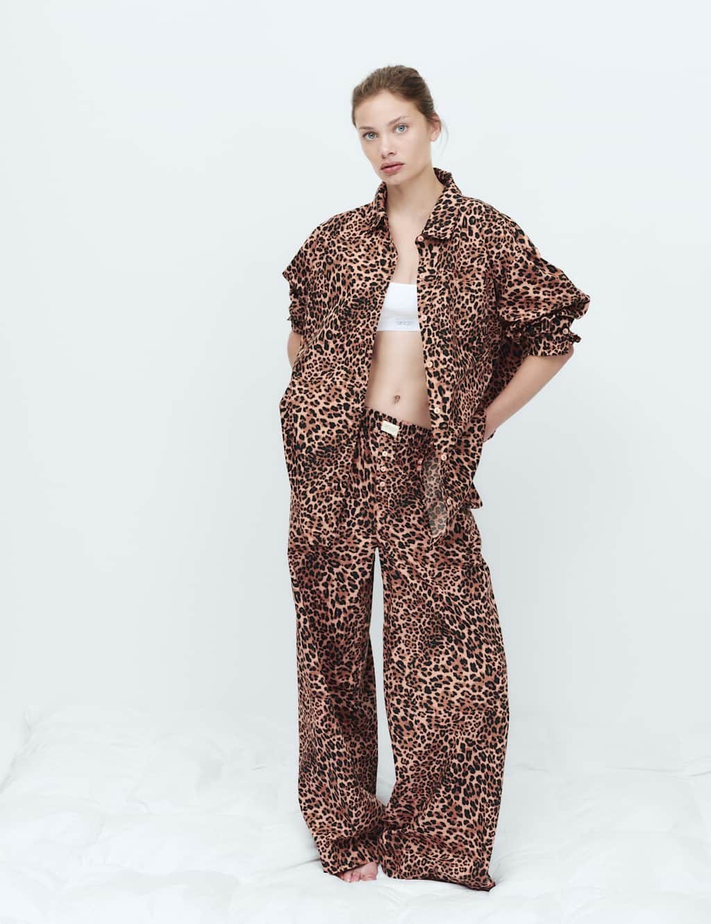 Marks & Spencer M&S Pure Cotton Poplin Leopard Pyjama Bottoms Brown Mix - 1
