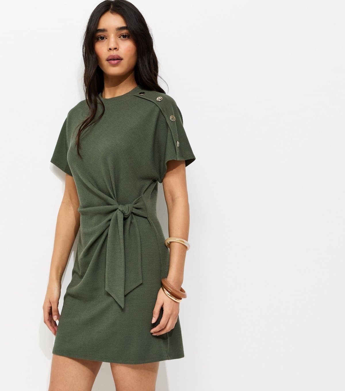 New Look Women's Khaki Ribbed Faux Button Twist Mini Dress New Look