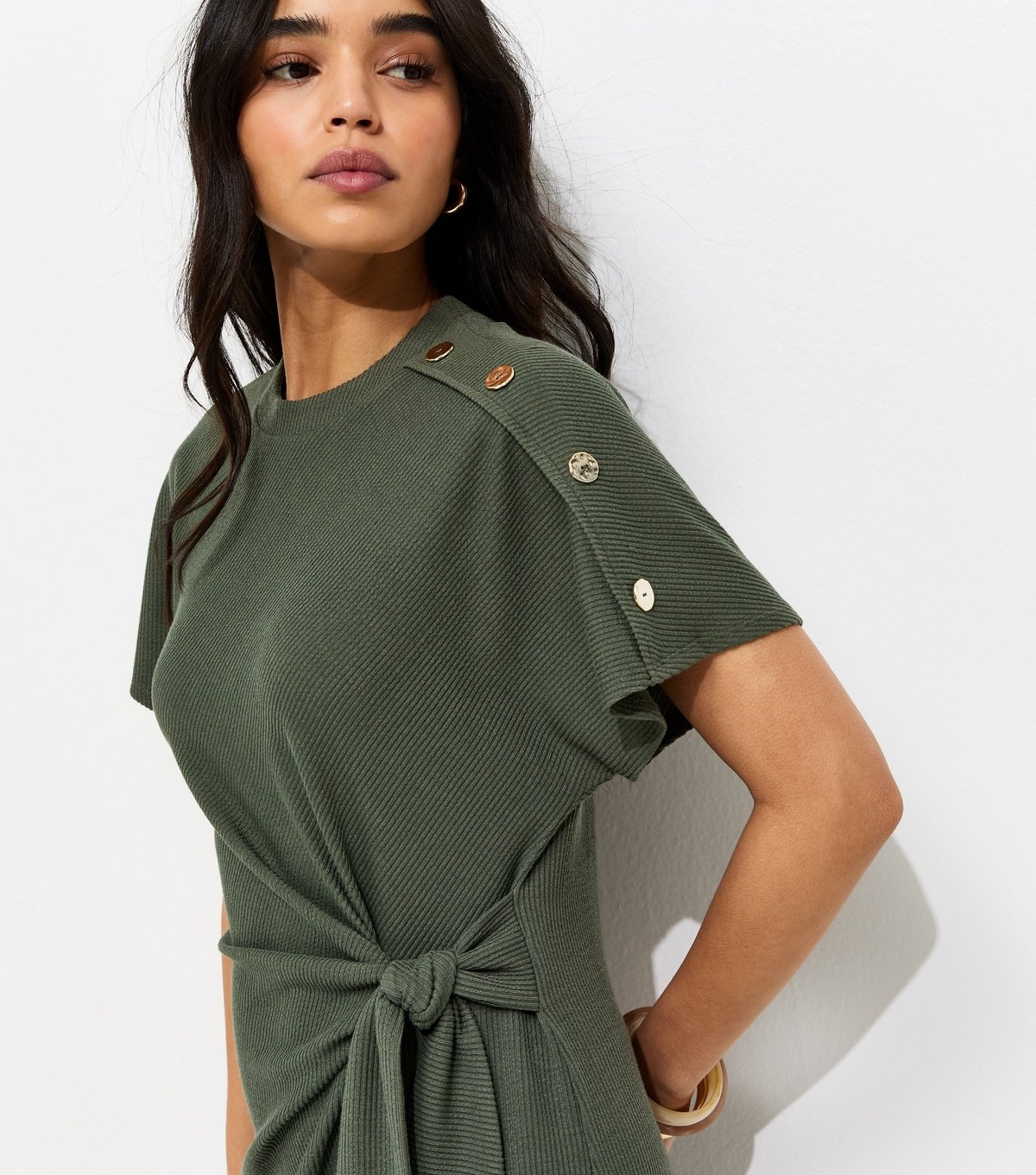 New Look Women's Khaki Ribbed Faux Button Twist Mini Dress New Look - 2