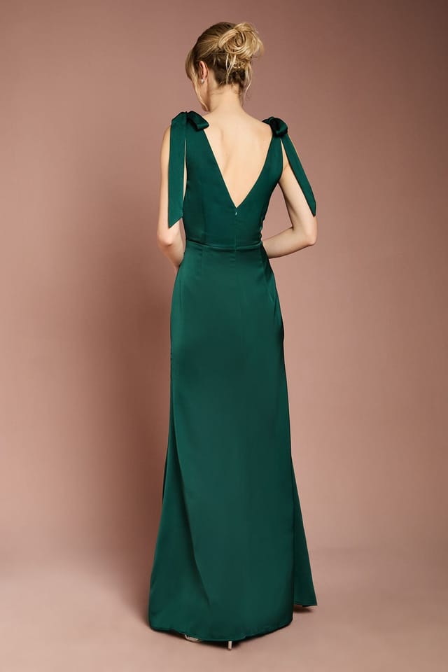 Coast Coast Women's Honoured Satin Back Crepe V Neck Tie Shoulder Maxi Bridesmaid Dress in Emerald - 3