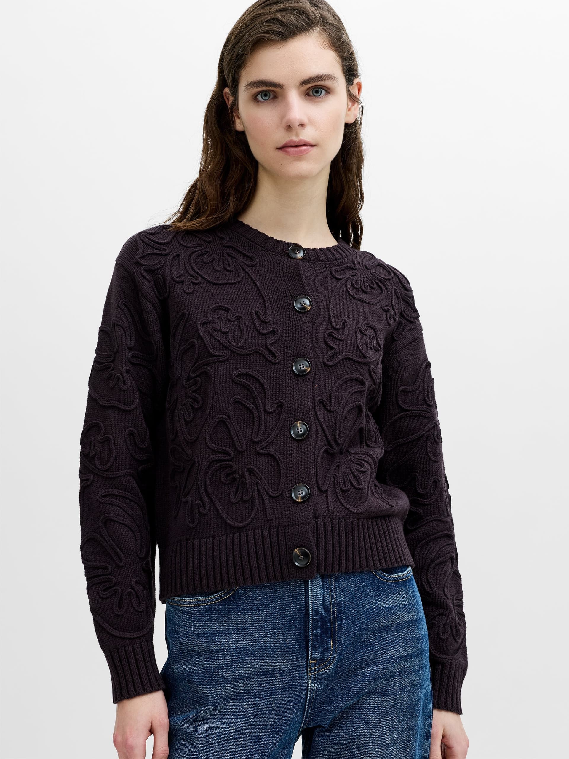 French Connection Varli Dark Brown 3D Floral Knit Cardigan Mocha Brown