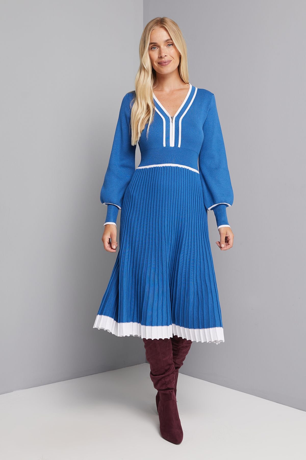 Wallis Wallis Women's Petite Cobalt Zip Front Pleated Knitted Midi Dress - 2