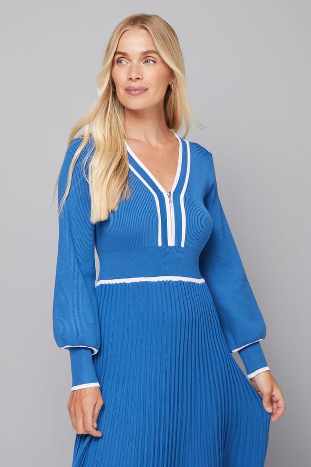 Wallis Wallis Women's Petite Cobalt Zip Front Pleated Knitted Midi Dress - 2