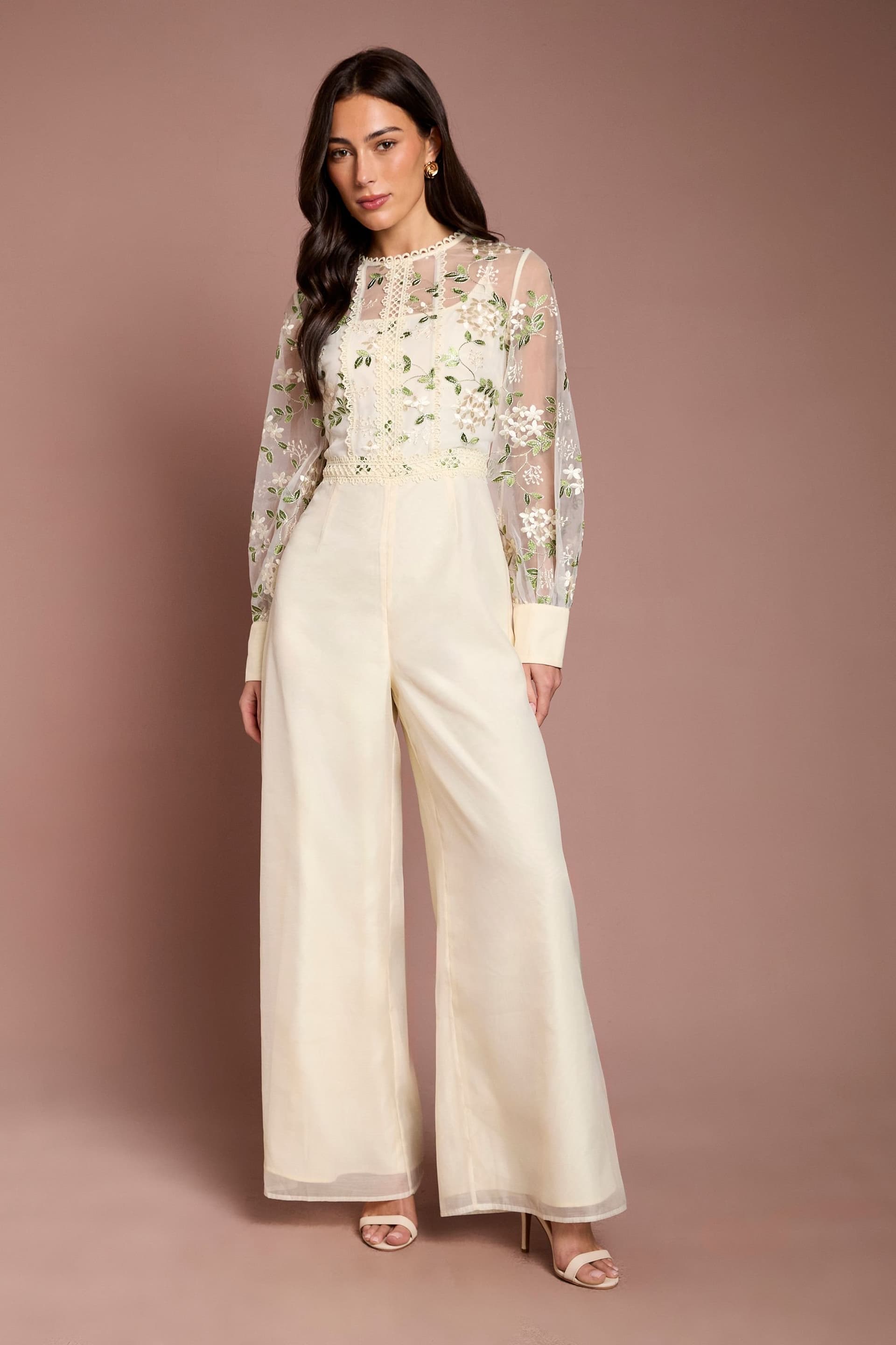 Coast Coast Women's Embroidered Floral Mesh Long Sleeve Jumpsuit in Ecru