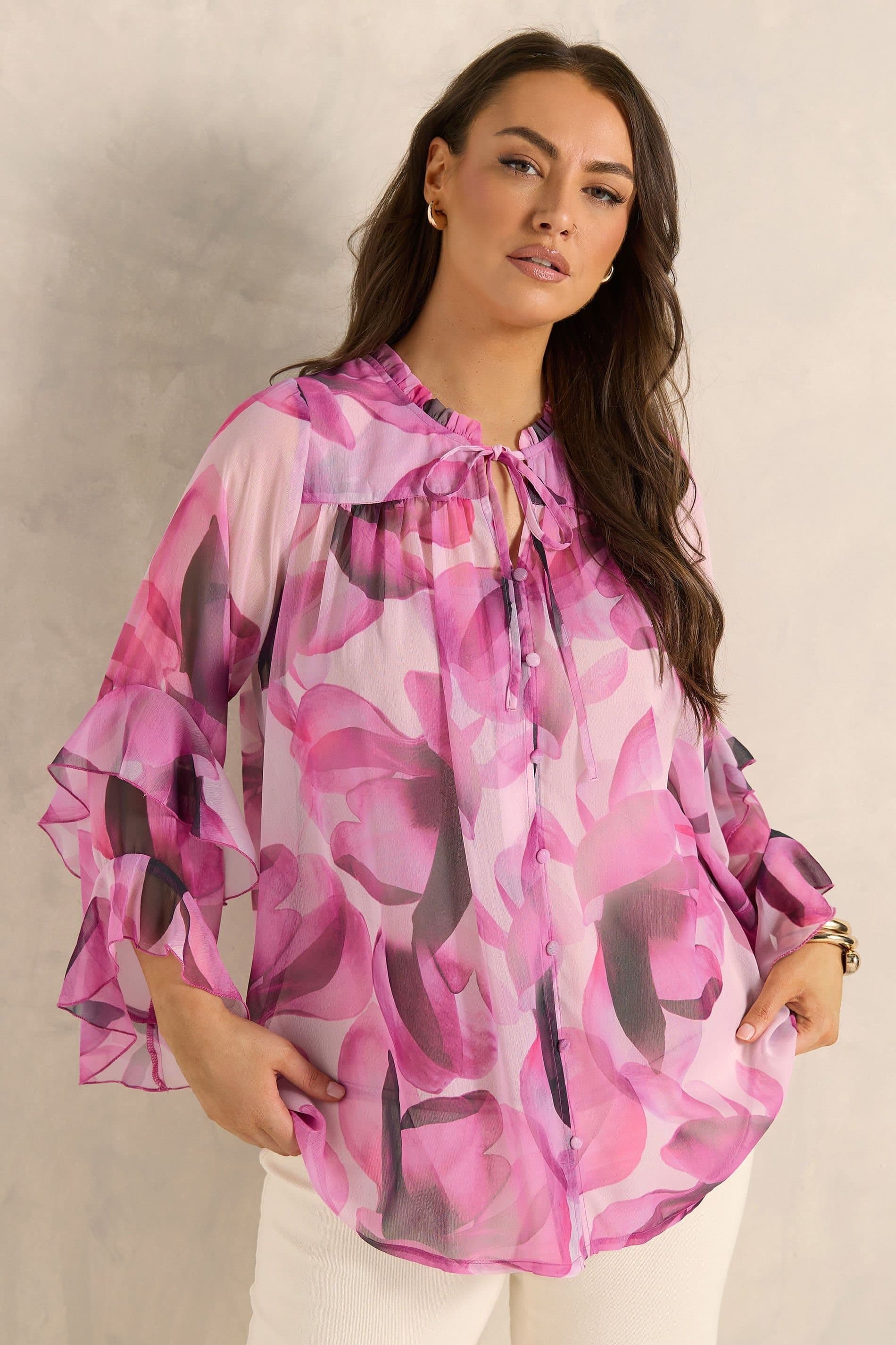 Evans Evans Women's Floral Tie Neck Frill Blouse in Pink